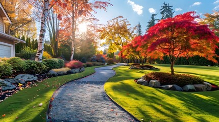 Obraz premium Beautiful home garden with lawn, flowers and trees in a luxury modern house surrounded by a nature landscape background