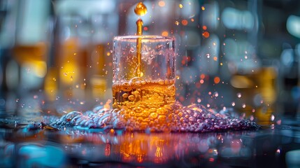 Spellbinding macro shot of chemical elements reacting in a glass flask, showcasing the magic of chemistry through crystal clear imagery on a computer screen