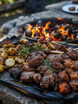 New Zealand hangi served on a platter, showing meats and vegetables cooked in an earth oven. A traditional and flavorful dish from New Zealand.