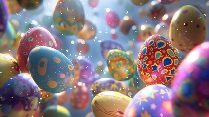 Grupa kolorowych jajek unosi się w powietrzu, tworząc jasny i radosny obraz. Jajka wydają się być lekkie i łatwe