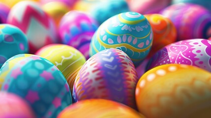 Na obrazie widać grupę kolorowych jajek wielkanocnych ułożonych na sobie w stos. Jajka są jasne, intensywne kolory i tworzą atrakcyjne kompozycje