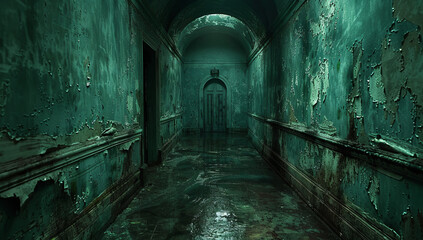 Terrifying Hallway with Peeling Teal Paint: Perfect Horror Movie Backdrop
