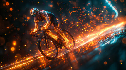 A cyclist rides on his bike with the glowing neon lights surrounded by vibrant neural network, depicting his energy and fast speed on the road