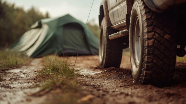 Ciężar&oacute;wka została zaparkowana na bocznej drodze o ziemiastym podłożu, obok znajduje się namiot. Sceneria wskazuje na kemping lub podr&oacute;żowanie
