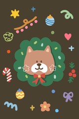 dog and garland with colorful sprinkle. illustration Christmas card decoration.