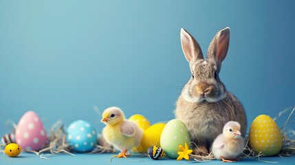 Królik siedzi spokojnie przed grupą jajek, patrząc na nie uważnie. Jego uszy stoją dumniutko, a futro wygląda mięciutko i puszysto