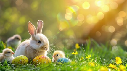 W obrazie widać grupę małych kurczaków i królika przebywających na trawie. Zwierzęta wyglądają na spokojne i radosne