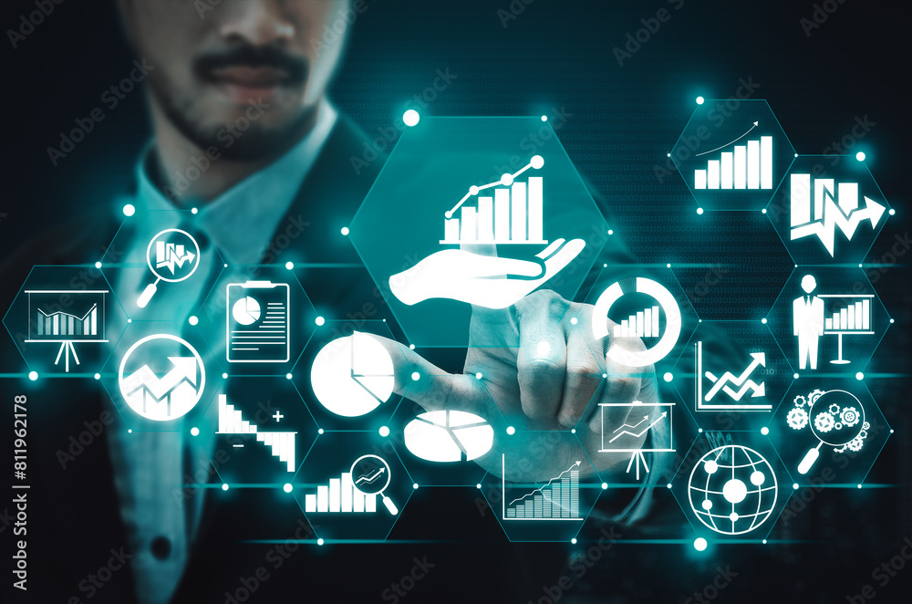 Poster data analysis for business and finance concept. interface showing future computer technology of prof