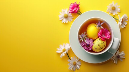 W szklance herbaty znajduje się jajko ze święconki oraz wiosenne kwiaty. Zdjęcie przedstawia harmonijne połączenie elementów tradycji wielkanocnych i natury