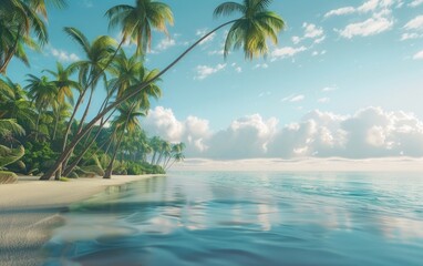 Tropical beach with tall swaying palm trees and tranquil ocean waters under cloudy sky.