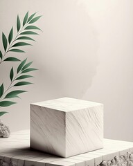 White cube on stone block beside green plant. Minimalist stand podium mockup for products