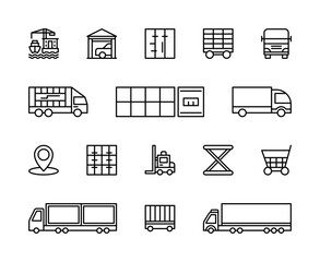Logistics and cargo transportation vector linear icons set. Logistics icons of port, parking, container, forklift and more. © Andrii