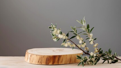 Wooden cutting board with white flowers on a table, minimalist a stand podium mock