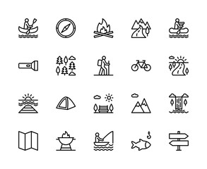 Outdoor travel vector linear icons set. Contains such outdoor travel icons as rafting, river, kayak, compass and more.