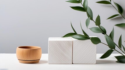 Wooden vase and white cube is placed next to a plant on a table in a minimalist setting - Powered by Adobe