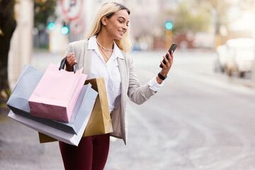 Shopping bags, phone and woman waiting for taxi in city for sale notification, search bargain or...