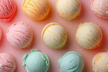 Pattern with various colorful ice creams balls on a pastel pink background.World ice cream day. Cold summer sweet desserts concept. Flat lay, top view. For menu, recipe.