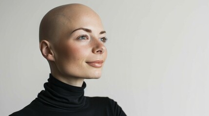 Bald woman close-up studio portrait. Health problem, cancer and alopecia