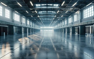 Vast, empty industrial warehouse with polished floor and high ceiling.