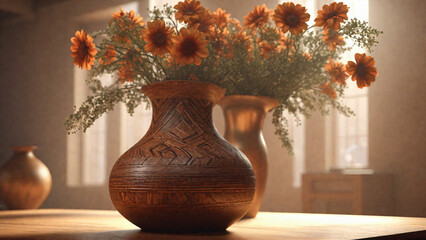 Pot de fleurs artisanaux en bois avec des motifs africains dans une pièces lumineuses avec de la...
