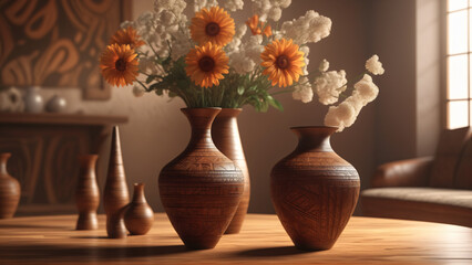 Pot de fleurs artisanaux en bois avec des motifs africains dans une pièces lumineuses avec de la lumières volumétriques entrant par les fenêtres.