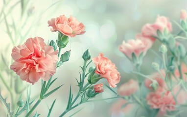Vibrant coral carnations and buds with lush greenery on a soft backdrop.