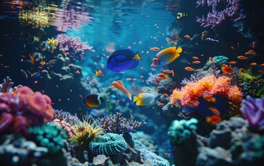 Vibrant underwater scene with colorful fish and coral reefs.