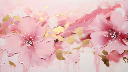 Thick paint thick strokes scraper acrylic gold white pink flowers background poster decorative painting