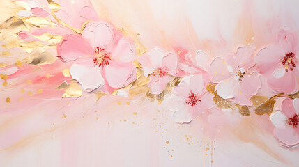 Thick paint thick strokes scraper acrylic gold white pink flowers background poster decorative painting