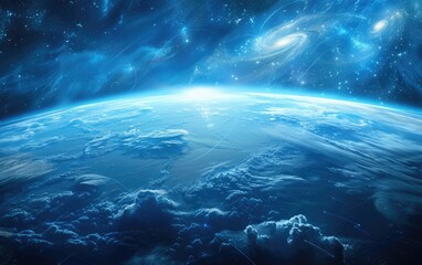 Vivid Earth view from space showcasing continents veiled in blue hues and delicate cloud swirls.