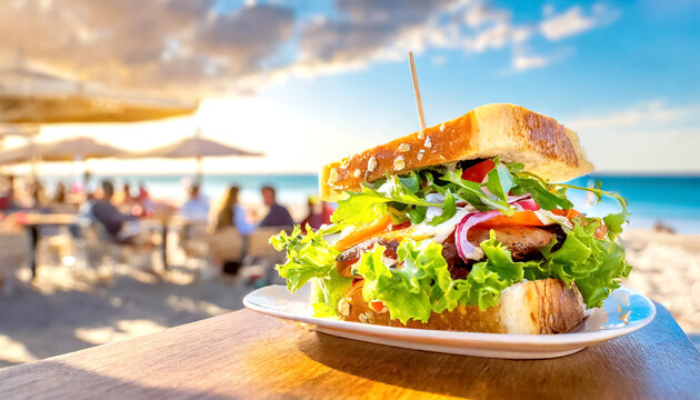 Sandwich im Hintergrund eine Beachbar 