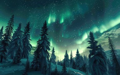 Vivid green aurora borealis swirls above snowy pine forest under starry sky.