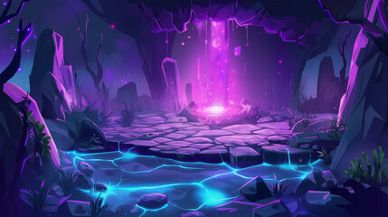 The Cartoon and realistic, stone battleground platform at night neon style look, Illustration