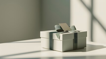 a minimalist image of a gift box topped with a charming card, isolated on a clean white surface,...