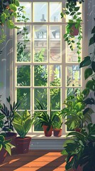 Sunlit Greenhouse Style Window with Flourishing Indoor Plants Offering a Tranquil Natural Workspace or Relaxing Haven