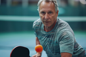 Senior Man Engaged in Competitive Indoor Pickleball Match