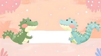 Two cute cartoon dinosaurs playing in a snowy winter landscape with stylized trees and a pastel colored background