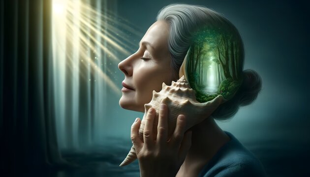 portrait of a woman listening to a seashell