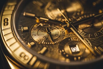 Close-up of a luxurious gold watch dial, a representation of opulence and precision timing.