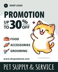 Pet promotion poster, banner, flyer, sale banner, template, happy jumping cat vector illustration