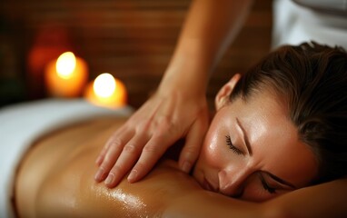 Woman receiving a relaxing back massage in a serene spa environment.