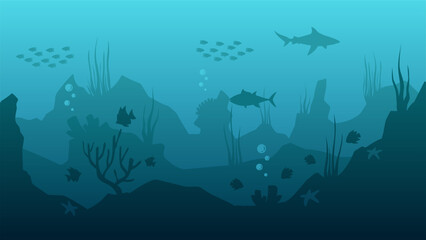 Landscape illustration of underwater life with fishes and coral reefs