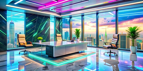 Modern office with neon lighting around, glossy floor, panoramic windows, view from a skyscraper, interior design, look to the future