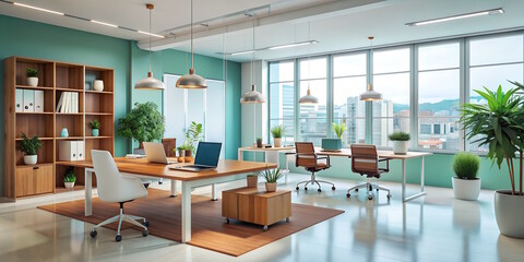 modern office, glossy floor, panoramic windows, view from a skyscraper, interior design