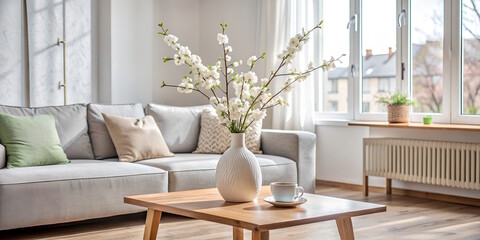 Modern living room in Scandinavian style, vase with blossom twigs  on the table, pastel colors