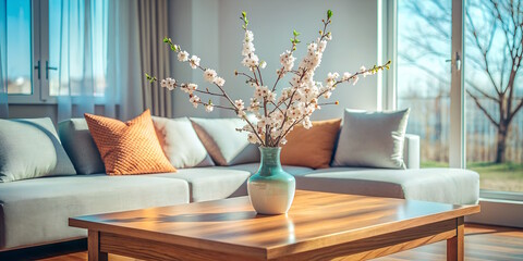 Modern living room in Scandinavian style, vase with blossom twigs  on the table, pastel colors