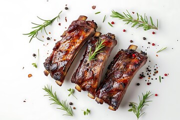 Tasty grilled beef ribs on a white background.