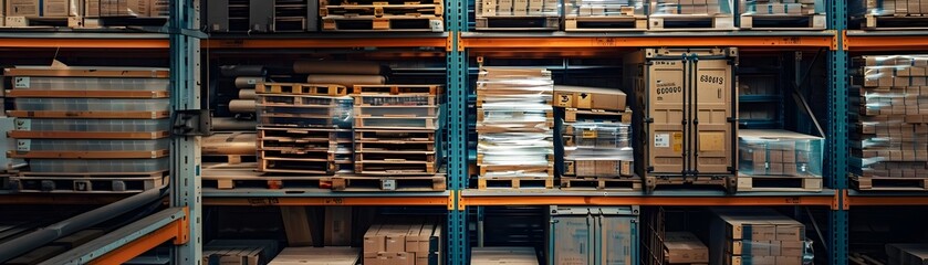 Obraz premium Meticulously Organized Shelves and Pallets in Efficient Warehouse Storage System