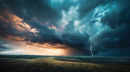Fototapeta premium Dramatic Lightning Bolt Piercing the Stormy Skies over the Picturesque Flint Hills Countryside