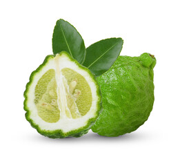 Fresh Bergamot and slice  with lesves  on transparent.